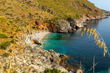 Fototapeta na wymiar Paradise empty beach with no people and turquoise sea named 