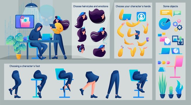 Stylized Character, Girl cooperates with a hacker. Set for Animation. Use Separate Body Parts to Create An Animated Character. Set of Emotions, Hairstyles, Hands and Feet