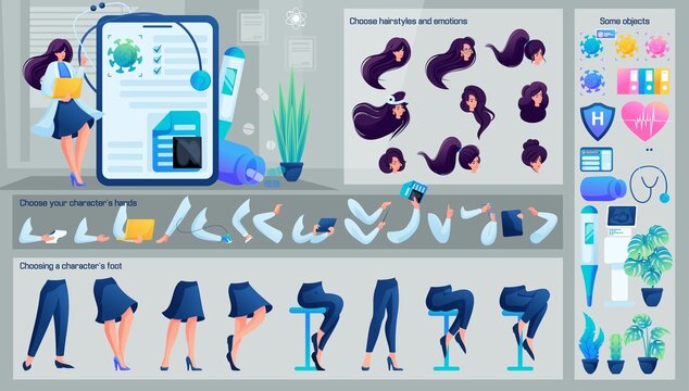 Stylized Character, Female therapist consults via the Internet. Set for Animation. Use Separate Body Parts to Create An Animated Character. Set of Emotions, Hairstyles, Hands and Feet
