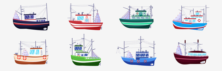 Sea fish boat. Fisherman cargo by vessels. Industrial river seafood ship. Trawlers in waves. Fishing yacht with crane and tackles. Fisher motorboats side view. Vector illustration set