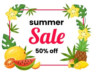 Summer tropical banner. Hot sale or fresh discount background. Fashion summertime special offer concept for holiday market. Exotic fruits and palm leaves flyer. Vector illustration label