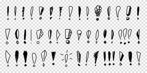 Set of hand drawn exclamation marks. Pencil and ink various scattered exclamation marks. Sketches of punctuation mark, vector illustration on isolated transparent background.