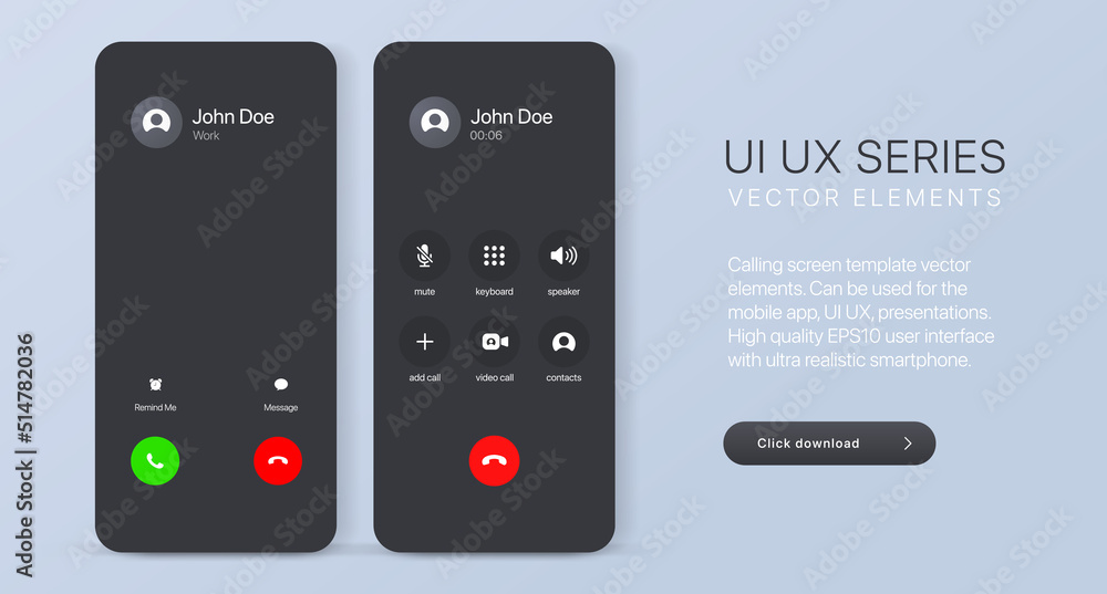 Poster Voice call screen. Mockup incoming call, voicemail screen, smartphone interface vector UI UX template for application. New Call screen template. Mobile app display template. Vector illustration.