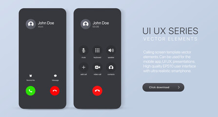 Voice call screen. Mockup incoming call, voicemail screen, smartphone interface vector UI UX template for application. New Call screen template. Mobile app display template. Vector illustration. - obrazy, fototapety, plakaty