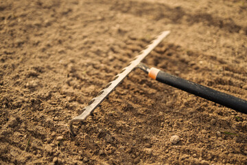 Loosening the soil with a rake in the greenhouse. Close up of an new metal garden rake cleaning...