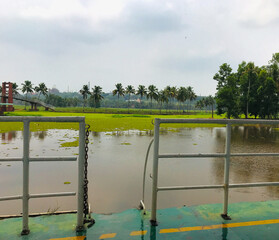 View from the deck of a training ship in river