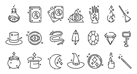 Magic circus icons. Witchcraft line pictograms set. Magician hat. Mirror and wand. Magical trick. Tarot card. Mystery and fantasy wonderland for witch or fairy. Vector illustration © Natalia