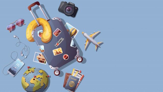 Suitcase, travel pillow, camera, airplane, suglasses, globe, passports and boarding passes. Travel, tourism, adventure, journey concept. Animation video.