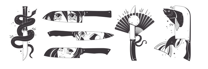 Manga knife and snake. Anime dagger. Asian sword and fan. Handle cut elements set. Chopped food. Eyes reflection in blade. Kawaii icons and shapes. Chef cutlery. Cartoon vector illustration