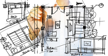 An interior designer draws a sketch of a residential house plan.,interior design business