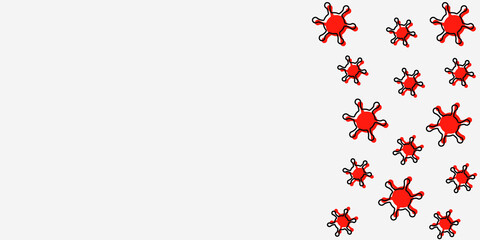 The spread of viral diseases. Vector illustration of a red virus with a black stroke in flat style on a white isolated background. Place for your text. Copy space.