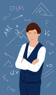Back to school. Pupil standing at the school board. Flat illustration.