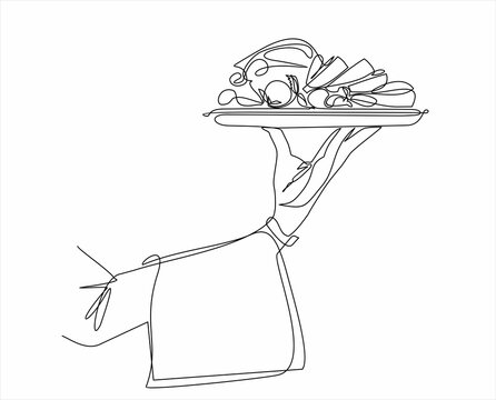 recommend clip art: meat with vegetables dish. Vegetable salad.One continuous line drawing.The waiter carries food on a tray. Food in a restaurant. A hand holds a tray. Line Art isolated white background