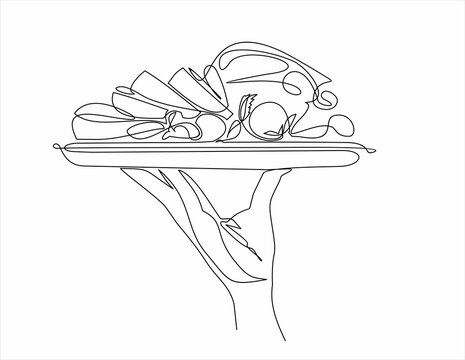 meat with vegetables dish. Vegetable salad.One continuous line drawing.The waiter carries food on a tray. Food in a restaurant. A hand holds a tray. Line Art isolated white background