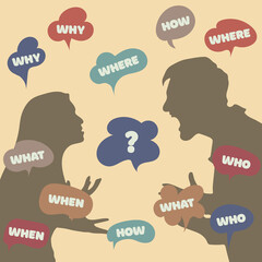 Who what where when why questions in speech bubbles. A man and a woman are chatting violently and discussing issues. Brainstorming in corporate activities. Communication concept. Vector illustration.