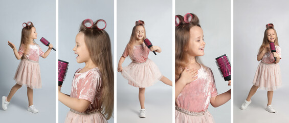 Collage with photos of funny little girl singing on light grey background. Banner design