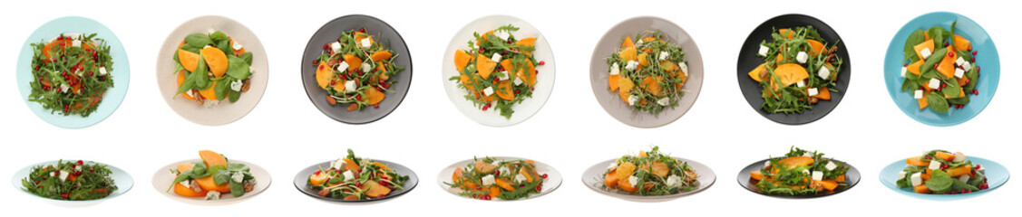 Set with tasty persimmon salads on white background. Banner design