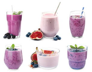 Set with delicious blueberry smoothies on white background