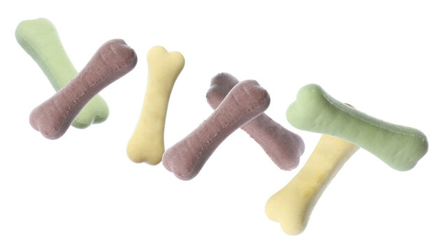 Bone shaped cookies for dogs falling on white background