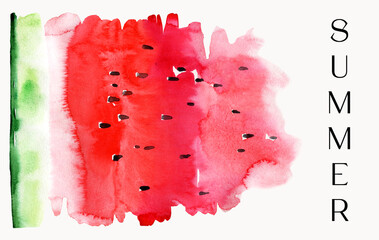 Watercolor juicy watermelon background. Healthy, fresh, delicios, organic food illustration. Summer card, poster template. 