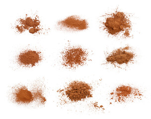 Set with aromatic cinnamon powder on white background