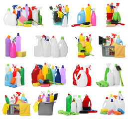 Set with different cleaning products and tools on white background