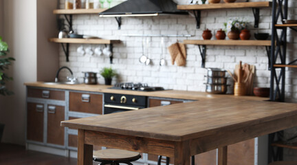 Fototapeta na wymiar Empty wooden table in beautiful kitchen. Banner design