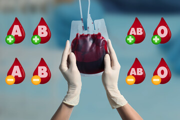 Images of drops representing different blood types and doctor with blood for transfusion on blurred...