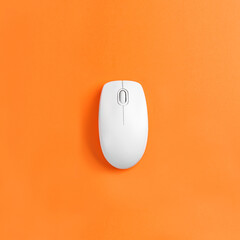Modern wireless computer mouse on orange background, top view