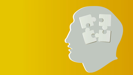 head silhouette with jigsaw puzzle pieces isolated on yellow, vector illusytration