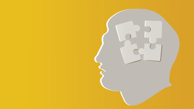head silhouette with jigsaw puzzle pieces isolated on yellow