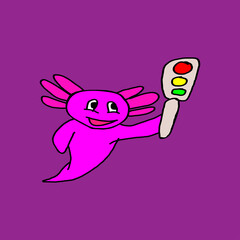 Axolotl Cute Cartoon Vector Illustration. axolotl mascot design holding traffic light hand drawn for fun red, yellow and green traffic sign introduction education concept.