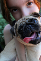 girl plays with pugs in the park in summer.