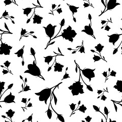 Seamless black and white floral pattern with bluebell (campanula) flowers. Vector illustration