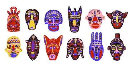 African masks. Tribal ethnic decorative faces. Traditional warrior elements. Ritual accessories. Cult symbols. Doodle Indian idols. Ceremonial totems. Native souvenirs. Classy vector set - obrazy, fototapety, plakaty