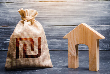 Wooden house and a israeli shekel money bag. Home purchase, investment in real estate construction. House project development. Realtor services. Generating income through rent or sale. Mortgage loan. - obrazy, fototapety, plakaty