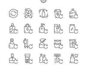Products refill option. Water bottle, glass jar, lunch box, food container and other. Eco friendly. Pixel Perfect Vector Thin Line Icons. Simple Minimal Pictogram