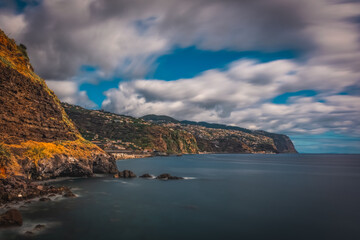 Panoramic view from Ponta do Sol village on Madeira island, Madeira, Portugal. October 2021. Long exposure picture.
