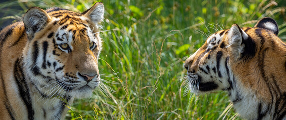 tiger on grass background - Siberian tiger, Amur tiger