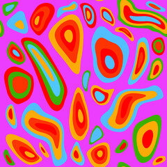 Psychedelic groovy background with colorful melting blobs and circles in retro 60s hippie art style.