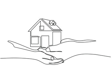 Continuous one line drawing of a hands holding a miniature house. Hand-carried small house miniature, perfect for real estate home sales marketing in doodle style