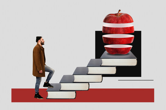 Digital Collage With A Man In A Hat And Coat Climbs The Stairs From The Books