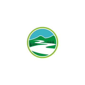 mountain and water sun tree logo template