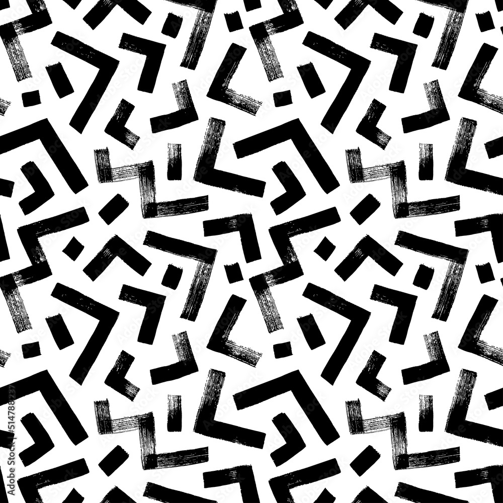 Poster Zigzag and triangle vector seamless pattern. Hand drawn geometric brush strokes. Thick lines with scuffs. Abstract grunge zig zag lines texture, triangles and dashes. Mosaic and maze seamless pattern.