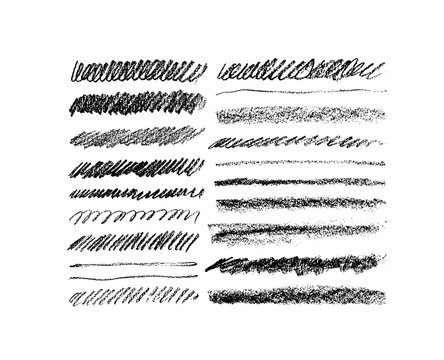 Charcoal and chalk strokes vector set. Grungy black graphite pencil lines. Hand drawn scribble strokes, straight and curly dry smears. Black vector grunge textured stripes. Charcoal isolated smears