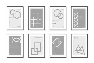 Collection of business geometric covers, templates, backgrounds, placards, brochures, banners, flyers, magazines. Minimalistic gray posters, cards, presentations