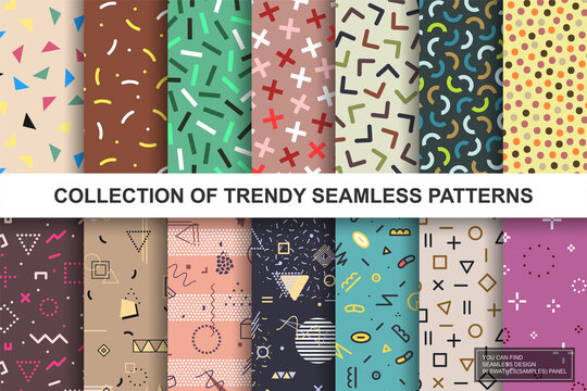 Collection of abstract retro seamless geometric patterns. Colorful vector trendy vintage backgrounds - mosaic textures. Fashion style 80 - 90s. You can find repeatable design in swatches panel