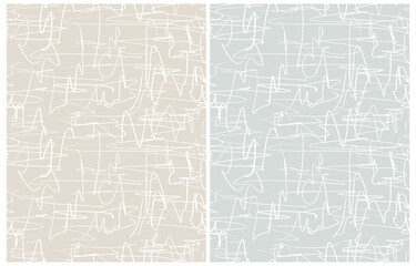 Simple Seamless Geometric Vector Pattern. White Freehand Lines Isolated on a Light Pale Blue and Dusty Beige Background. Simple Abstract Vector Prints Ideal for Fabric, Textile.