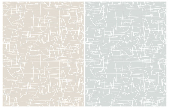 Simple Seamless Geometric Vector Pattern. White Freehand Lines Isolated on a Light Pale Blue and Dusty Beige Background. Simple Abstract Vector Prints Ideal for Fabric, Textile.