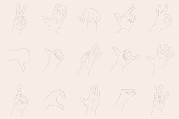 Collection of drawn hand gestures. Human arms in outline style. Isolated drawing signs. Vector illustration